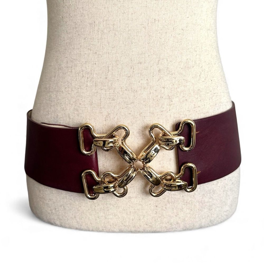 J. McLaughlin Burgundy Leather Belt with Large Gold Buckle